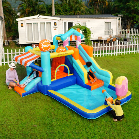 Château gonflable avec souffleur 450W pour enfants,Auvent de magasin,Trampoline,2 Toboggan,Fontaine,Pistolets à eau,395x340x236CM,Tissu Oxford