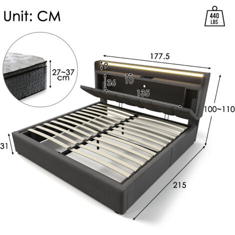 Lit double capitonné avec fonction de chargement USB, tête de lit avec rangement et éclairage LED, lit double 160x200cm, cadre de lit avec rangement, sommier à lattes en bois, gris (avec matelas) (1/5)