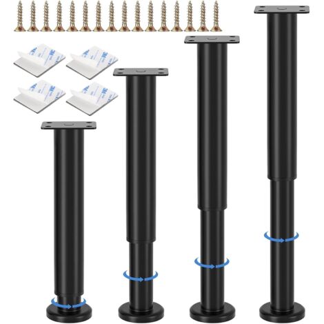 4 pcs Pied Reglable pour Meuble, 25-42 cm Adjustable Pieds de Lit, Steel Pied Meuble Salle de Bain, Load Capacity 800 kg, Rubber Base and Fittings, Suitable for Beds, Sofas, Cabinets, Noir