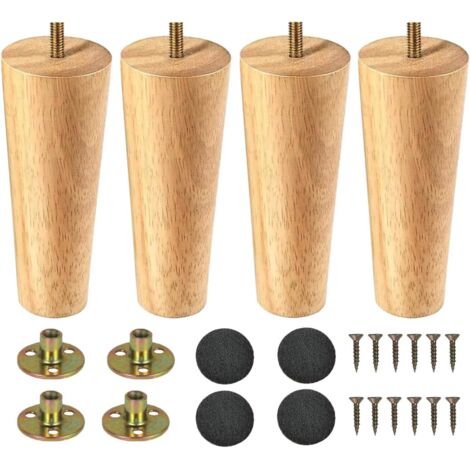 Pieds de Meubles en Bois Pied de Table 4 Pièces Pieds de Table en Bois 15cm Conique Massif Pieds de Canapé Pieds de Meubles de Remplacement avec Vis de Plaque de Montage et Protecteur Antidérapant