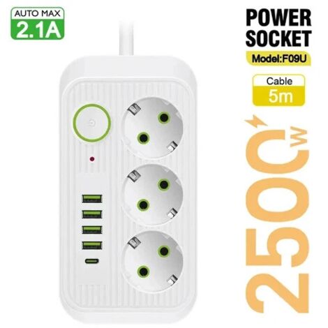 Multiprise Murale 3 Prises et 4 USB avec 1 USB C, Electrique 8 en 1, Multiprise Secteur pour la Maison Le Bureau Blanc (1/5)