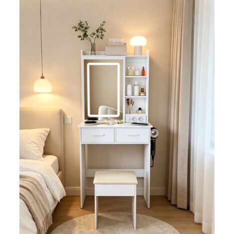 Coiffeuse Compacte Blanche avec Miroir LED et Prise Électrique, Ensemble de Table de Maquillage avec Tabouret Rembourré et Rangement, Meuble de Toilette pour Petite Chambre