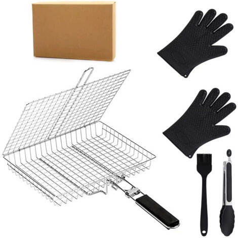 Kit BBQ : Grille de cuisson pliable en acier inoxydable — Outil de grillade en plein air pour rôtir poulet, poisson et maïs Équipement de camping et accessoires en acier inoxydable (1/5)