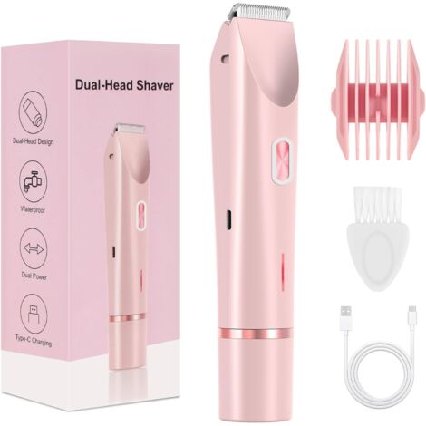 Rasoir bikini, rasoir double tête pour femmes, tondeuse bikini électrique étanche 2 en 1 utilisable sur peau sèche ou humide (rose)