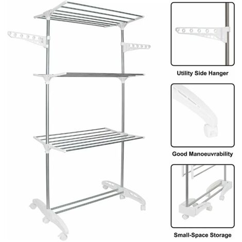 Étendoir à linge mobile, pliable, 3 niveaux avec roulettes, 80-142 x 55 x 152 cm, idéal pour un séchage peu encombrant. (1/5)