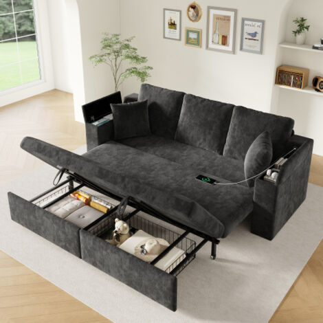 Canapé 3 places multifonction 3-en-1 avec fonction couchage, structure métallique coulissante, espace de rangement, tablette d'accoudoir et port de charge USB – Idéal pour le salon et la chambre –Gris (1/5)