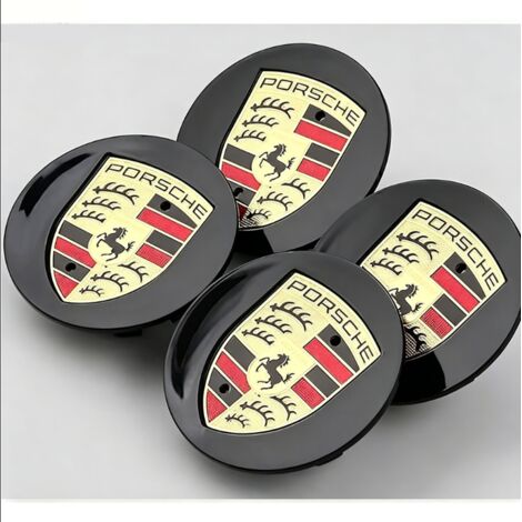 4 enjoliveurs de roue Porsche, noirs, incurvés, 76 mm, avec logo