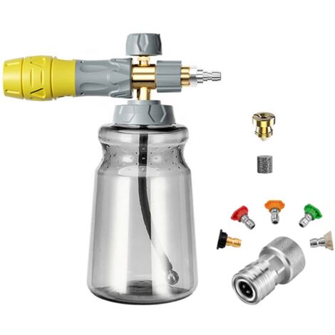 Canon à mousse 1L pour nettoyeur haute pression, pulvérisateur réglable kit lavage auto, orifices 1,2/1,25 mm, adaptateur 3/4" 1/4" + 5 buses colorées (1/5)