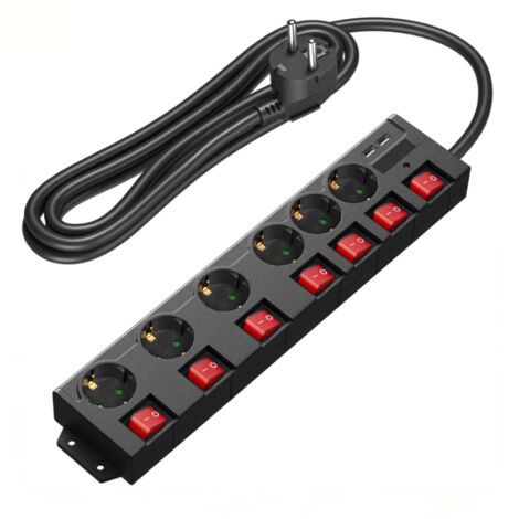 Multiprise 6 prises à interrupteurs individuels avec parasurtenseur, fixation murale, 2 ports USB, sécurité enfants, rotation à 90°, 3 m, noir (1/4)