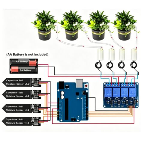 Kit d'arrosage automatique amélioré pour plantes de jardin : Carte de développement + 4 capteurs d'humidité du sol + Relais 4 canaux + 4 pompes à eau + 5 mètres de tuyau en vinyle + Câble