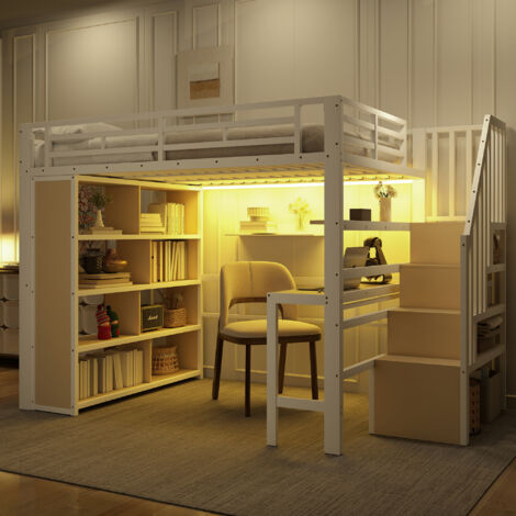 Lit mezzanine 140 x 200 cm,lit superposé,lit enfant,avec bureau, compartiment de rangement,bandeau lumineux LED,escalier avec espace de rangement