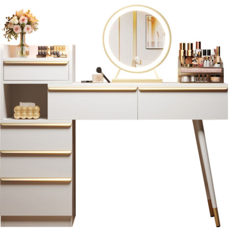 Coiffeuse 102 x 100 x 41,5 cm avec plateau coulissant, 6 tiroirs et poignées dorées, miroir à LED avec éclairage réglable, blanc, (Tabouret non inclus)