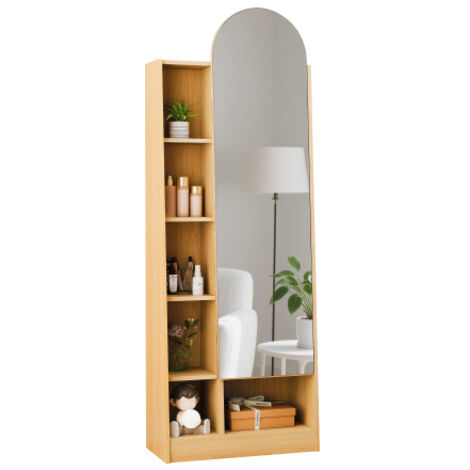 Armoire à chaussures avec portes miroir, Armoire de dressing haute avec miroir et espace de rangement, Armoire de salle de bains avec étagères réglables, aspect bois naturel – H165 L60 P28 cm (1/5)