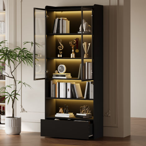 Vitrine 80 x 34 x 180 cm, armoire haute avec 1 tiroir et portes vitrées, vitrine haute en verre avec éclairage LED et compartiment ouvert,noir
