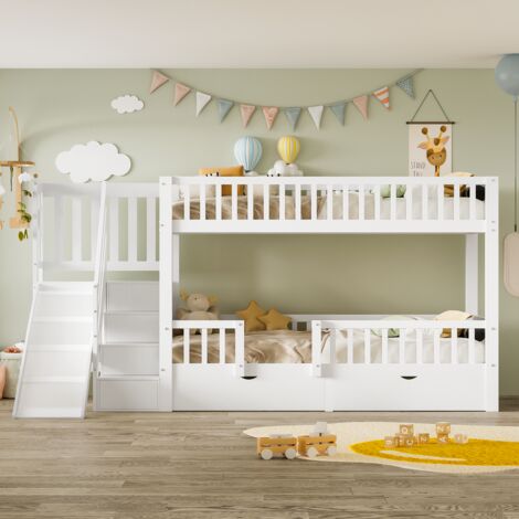 Lit superposé enfant 90x200,lit double,lit enfant multifonctionnel,avec toboggan et escalier,avec 2 tiroirs,avec porte magnétique,bois massif, blanc