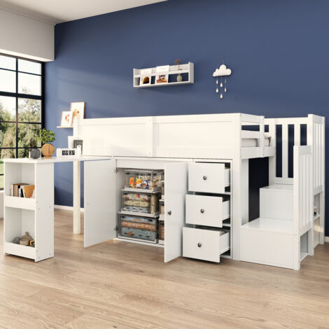 Lit mezzanine enfant 90x200,lit superposé enfant avec bureau escamotable et compartiment de rangement latéral,armoire,tiroir,MDF, blanc
