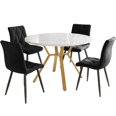 Ensemble de salle à manger, ensemble table et chaises (5 pièces), ensemble moderne et épuré composé d'une table ronde et de chaises en marbre, pieds de table en métal doré + 4 chaises，noires