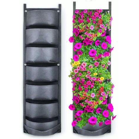 7 sacs de culture suspendus, en non-tissé, solides et résistants. Pots de fleurs à suspendre à la verticale, parfaits pour la décoration de la maison, du jardin et de la cour (noirs) (1/5)