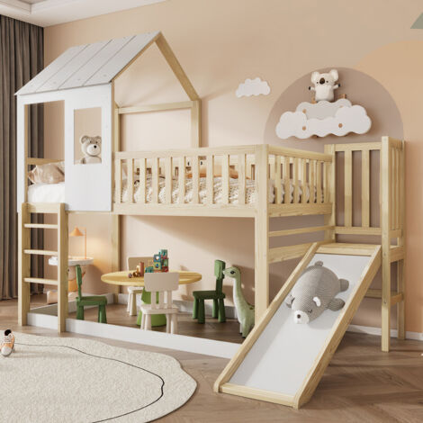 Lit cabane Enfants 90 x 200,lit superposé Enfant antichute,lit Mezzanine 2 Places,avec échelle à Angle Droit et Toboggan, avec Toit et fenêtre,et Grille,Structure en pin,Naturel Blanc