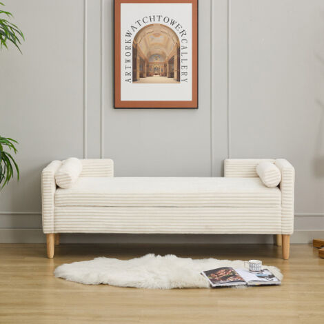 Tabouret de rangement avec accoudoirs, dossier et deux coussins à roulettes — idéal pour le salon, l'entrée et la chambre à coucher, blanc ivoire
