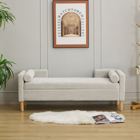 Tabouret de rangement avec accoudoirs, dossier et deux coussins cylindriques, en velours — idéal pour le salon, l'entrée et la chambre à coucher, gris (1/5)
