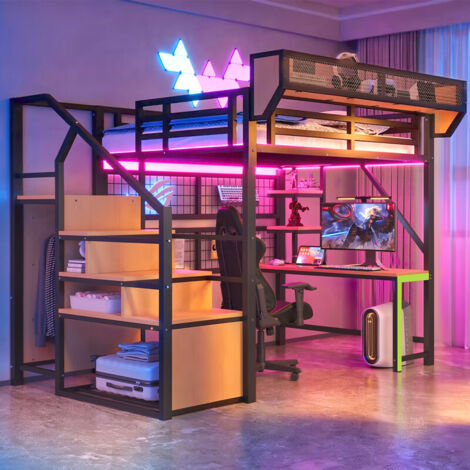 Lit mezzanine enfant 140 × 200 cm LED,lit superposé enfant avec bureau,lit enfant avec barriere,lit mezzanine avec bureau,équipé d'une échelle de sécurité,d'une prise électrique,noir