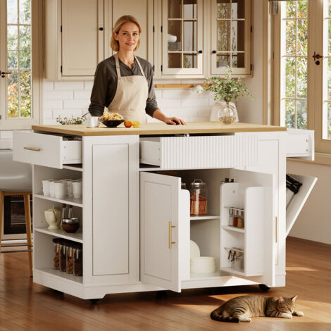Îlot de cuisine à roulettes 120 x 50 x 92 cm - Avec compartiment poubelle, 2 portes et 3 tiroirs - Sans poubelle - Idéal comme îlot de cuisine mobile, desserte ou buffet