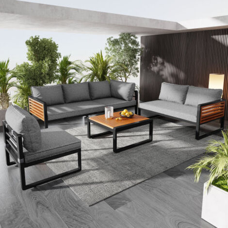 Ensemble de jardin extérieur 5-6 personnes, canapé de jardin, structure en fer galvanisé avec accoudoirs en bois, convient aux balcons, jardins et terrasses. (1/5)