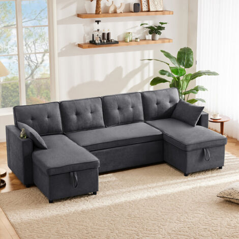 Canapé d'angle Convertible,canapé Convertible 3 Places,canapé 4 Places,Canapé lit avec Fonction Couchage rembourré,Tissus en Coton et Lin,avec Porte-gobelet,Deux espaces de Rangement,Gris