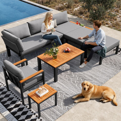 Salon de jardin exterieur, ensemble de mobilier de jardin modulable, canapé de jardin d'extérieur, offrant de multiples possibilités de combinaison, structure en métal, coussin respirant, gris (1/5)