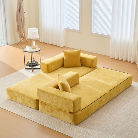 Canapé convertible 3 places modulaire en chenille,Canapé lit 2 places à compression,canapé 3 places convertible lit canapé pliant,poches de rangement latérales,fond antidérapant (Moutarde jaune)