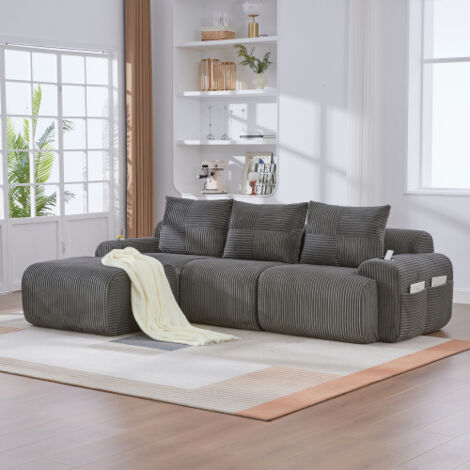 Canapé modulable en velours côtelé pour 3 personnes (avec tabourets), combinable librement, Pas de Montage nécessaire avec porte-gobelet et sac de rangement latéral,Gris foncé