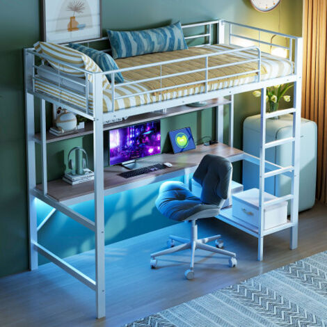 Lit mezzanine 90 x 200 cm avec rambarde, échelle, prises USB et électrique, éclairage LED, bureau et étagère à plusieurs Levelx，Structure en métal，Blanc（Matelas non inclus）