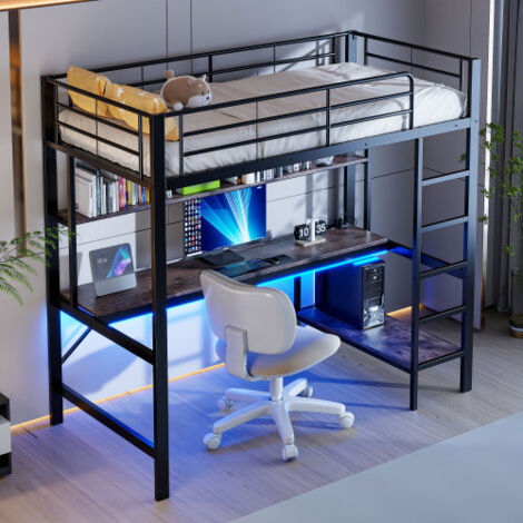 Lit mezzanine 90 x 200 cm avec rambarde, échelle, prises USB et électrique, éclairage LED, bureau et étagère à plusieurs Levelx，Structure en métal，noir（Matelas non inclus）