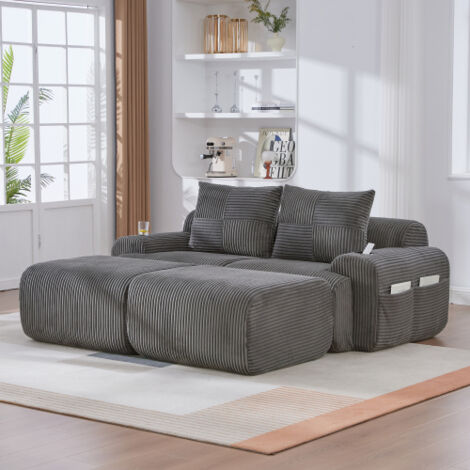 Canapé modulable 2 places en velours côtelé pour 2 personnes (avec 2 tabourets), Canapé petit espace，combinable librement, avec porte-gobelet et sac de rangement latéral,Gris foncé