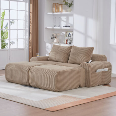 Canapé modulable 2 places en velours côtelé pour 2 personnes (avec 2 tabourets), Canapé petit espace，combinable librement, avec porte-gobelet et sac de rangement latéral,kaki