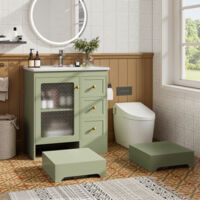 Meuble-lavabo avec pédale dissimulée, équipé d'une vasque en céramique lisse, d'un éclairage LED, de verre dépoli et de poignées dorées, vert
