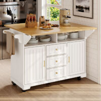Îlot de cuisine, meuble, buffet 120 x 40 (80) x 95 cm, chariot de cuisine extensible à roulettes, extensible des deux côtés, avec porte-serviettes et étagère à épices, deux portes,trois tiroirs,blanc