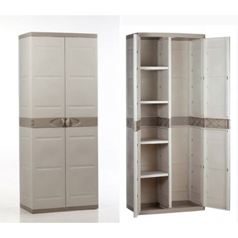 Armario Escobero de Jardín Titanium, Armario Resina 2 Puertas 4 Estantes Regulables Beige 70x176x41 cm