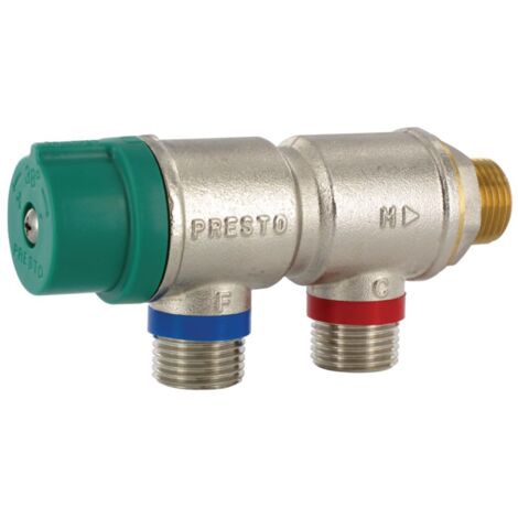 Presto – Régulateur thermostatique 3/4' entrée parallèle 20x27 – Débit 47 l/min à 3 bars – Température 20 à 50 °C – 29007