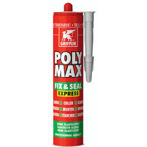 Griffon – Mastic colle Poly Max Fix 1Seal Express gris transparent – Colle pour bois, métal et béton – Cartouche 300 g pour étanchéité durable