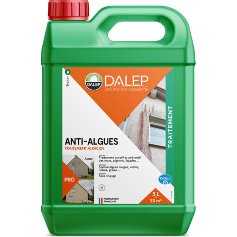 Dalep – Traitement algicide concentré 5L – Élimine algues rouges et grises – Pour murs, façades et pignons – Compatible avec hydrofuge D21