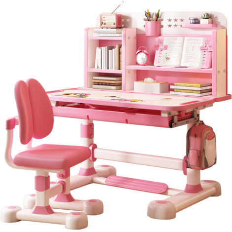 Kinderschreibtisch-Stuhl-Set, hochklappbar, verstellbar, für eine korrekte Sitzhaltung, rosa. (1/5)