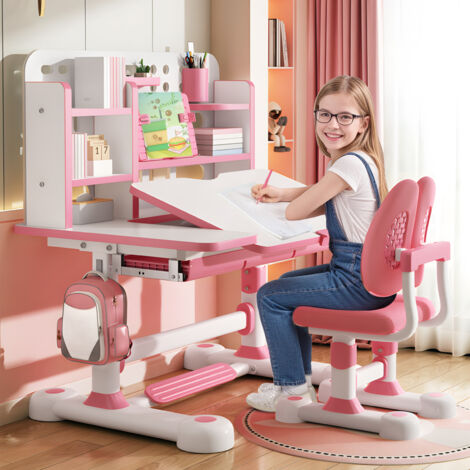 Kindertisch mit Stuhl, Tischplatte um 50 Grad neigbar, höhenverstellbar, Tisch bis 300 kg belastbar, 111 x 80 x 54 cm, rosa.