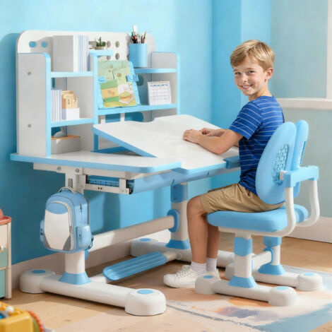 Kindertisch- und Stuhlset, höhenverstellbar, Tisch bis 300 kg belastbar, Stuhl fördert die korrekte Körperhaltung, 119×80×56 cm (blau).