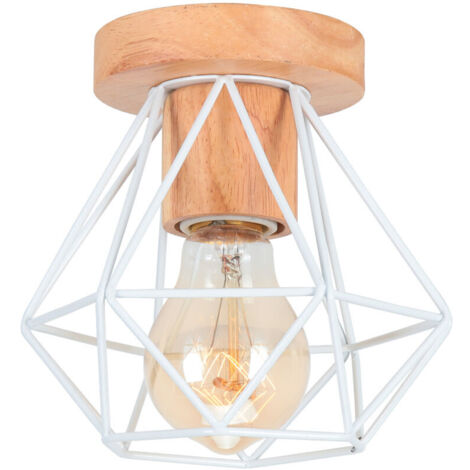 Plafonnier Industriel Bois et Métal 15CM Blanc, Lampe de Plafond Vintage Cage forme Diamant E27 Luminaire pour Salon Chambre Café Bar