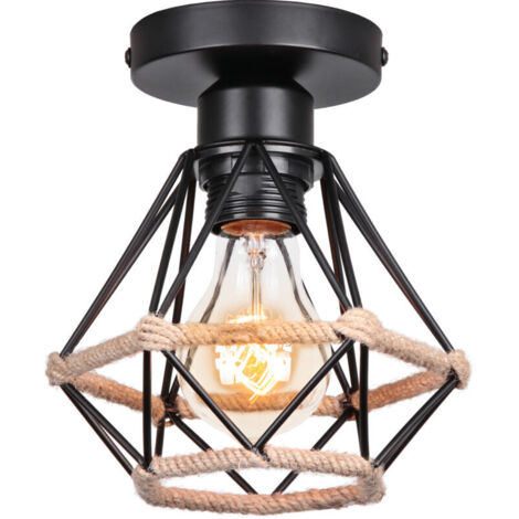Plafonnier Industriel Vintage Interieur Cage en forme Diamant en Métal avec Corde de Chanvre Fer Lustre Suspension Luminaire pour Salon Salle Chambre Déco, Noir (1/4)