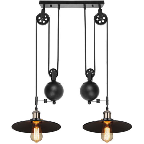Lampe à suspension à poulie rétractable industrielle noir luminaire suspendu plafonnier design vintage pour salons cuisine restaurant bar - 2 Lampe (1/4)