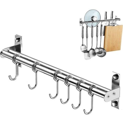 Porte Ustensiles Cuisine, Barre Murale de Cuisine Ustensiles avec 6 Crochets Coulissants, Support Suspendre des Ustensiles en Acier Inoxydable pour Salle de Bain/Garage/Chambre, 40cm