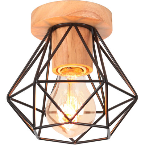 Plafonnier Industriel Bois et Métal 15CM Noir, Lampe de Plafond Vintage Cage forme Diamant E27 Luminaire pour Salon Chambre Café Bar